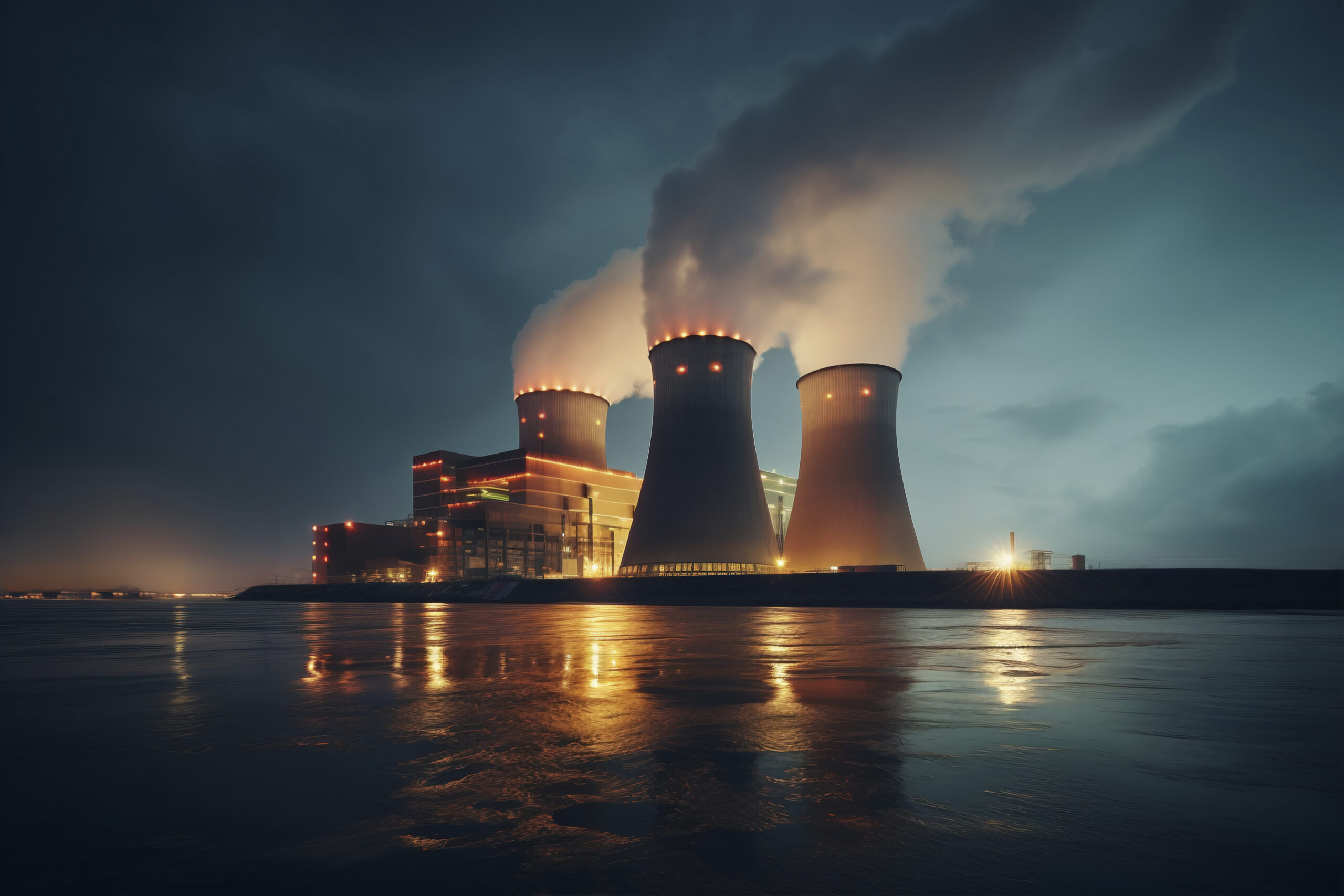 view nuclear power plant with towers letting out steam from process